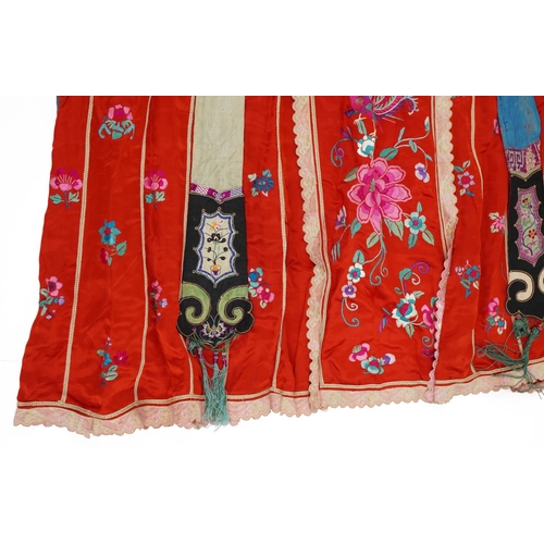 189 - Chinese Canton silk skirt embroidered with flowers and a silk hat embroidered with a toad, the large... 