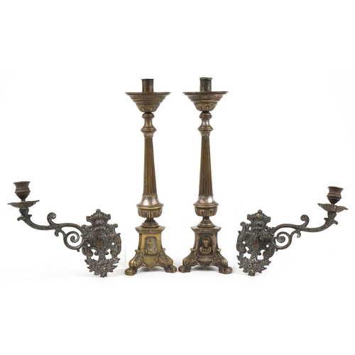 394 - Spanish metalware comprising a pair of silver plated candlesticks with reeded columns and pair of ad... 