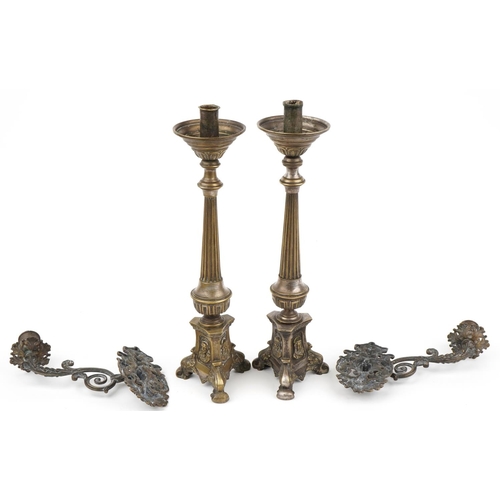 394 - Spanish metalware comprising a pair of silver plated candlesticks with reeded columns and pair of ad... 