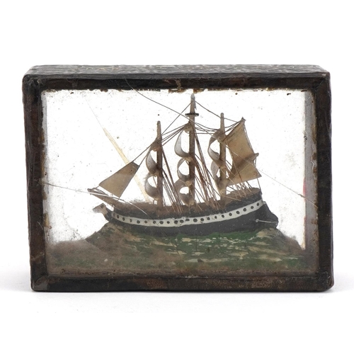 36 - Antique painted model boat housed in a glazed display, 8.5cm H x 12cm W x 5cm D