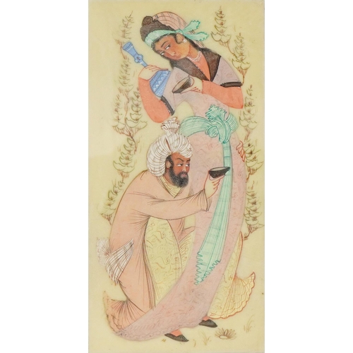 289 - Rectangular Persian panel hand painted with two figures housed in a Vizagapatam style easel frame, o... 