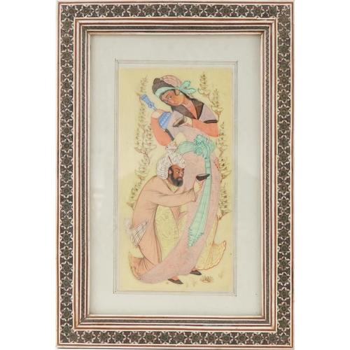 289 - Rectangular Persian panel hand painted with two figures housed in a Vizagapatam style easel frame, o... 