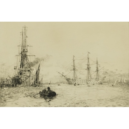 76 - William Lionel Wyllie - HMS Victory and HMS Indomitable, pencil signed etching, mounted, framed and ... 