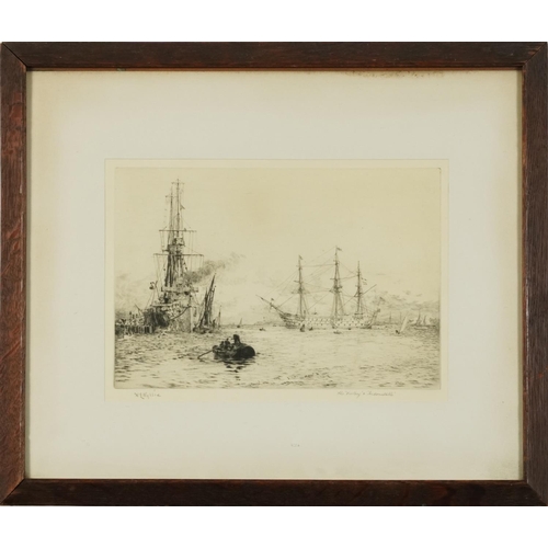 76 - William Lionel Wyllie - HMS Victory and HMS Indomitable, pencil signed etching, mounted, framed and ... 