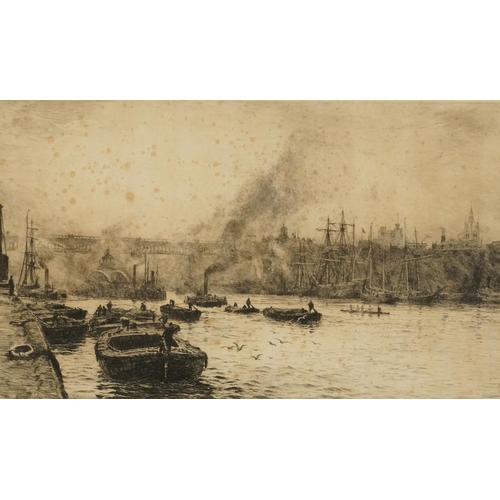 57 - William Lionel Wyllie - Ships and Barges on The River Tyne, pencil signed etching, mounted, framed a... 