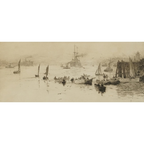 59 - William Lionel Wyllie - Boats and Ships at the Mouth of The River Tyne, pencil signed etching, mount... 