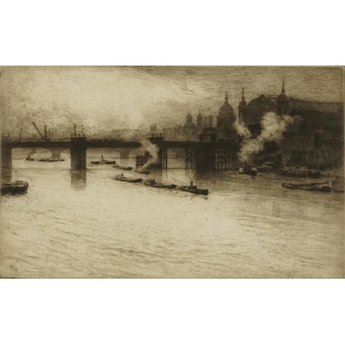 78 - Robert Charles Goff - Boats on The River Thames, pencil signed etching, J J Patrickson label verso, ... 