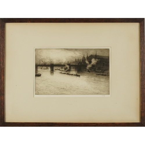 78 - Robert Charles Goff - Boats on The River Thames, pencil signed etching, J J Patrickson label verso, ... 