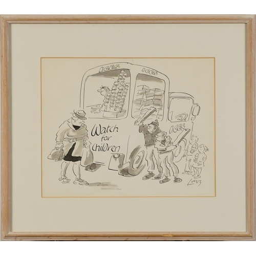 403 - Terence Larry Parkes - Watch for Children, ink illustration, inscribed verso, mounted, framed and gl... 