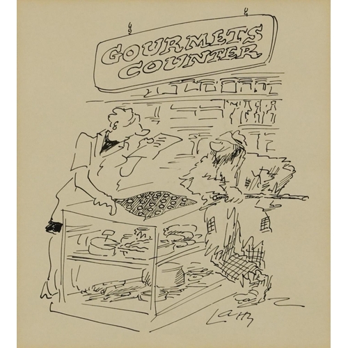 422 - Terence Larry Parkes - Gourmet Counter, ink illustration, inscribed verso, mounted, framed and glaze... 