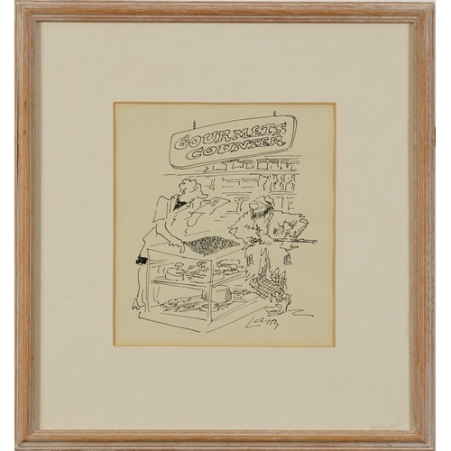 422 - Terence Larry Parkes - Gourmet Counter, ink illustration, inscribed verso, mounted, framed and glaze... 