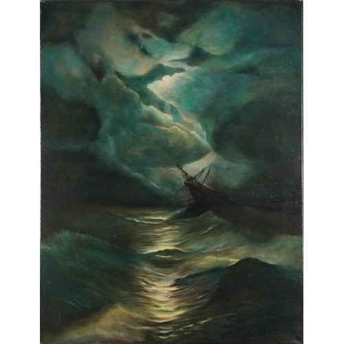 361 - Moonlit seascape with shipwreck, oil on canvas, indistinctly monogrammed and dated 2014 verso, unfra... 