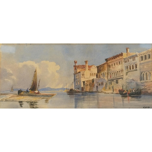 378 - Continental harbour scene with boats, watercolour, indistinctly monogrammed, possibly L N N, mounted... 