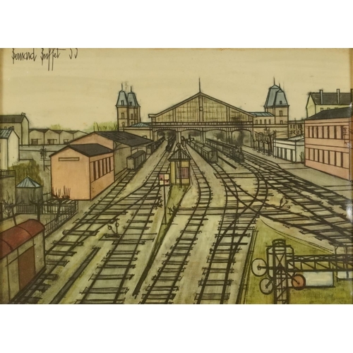 540 - After Bernard Buffet - Railroad Train Depot, print in colour, mounted and framed, 22.5cm x 16cm excl... 