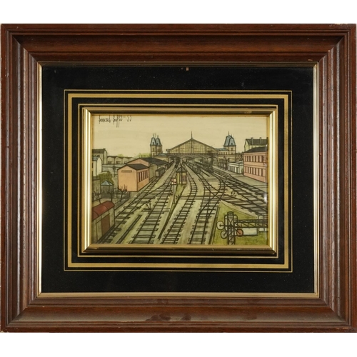 540 - After Bernard Buffet - Railroad Train Depot, print in colour, mounted and framed, 22.5cm x 16cm excl... 