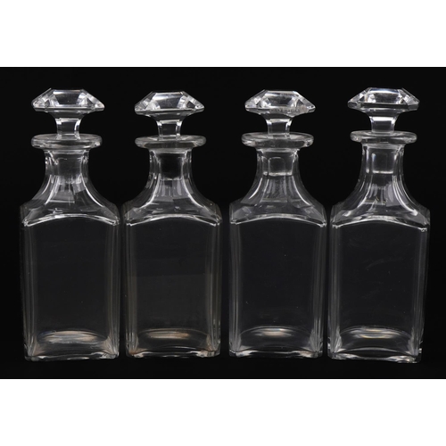 593 - Set of four antique square glass decanters with stoppers, 20cm high