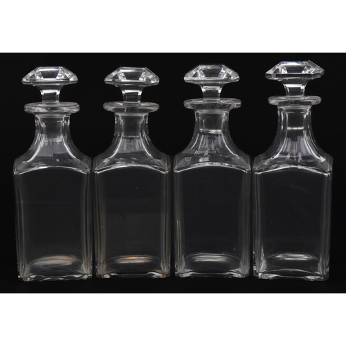 593 - Set of four antique square glass decanters with stoppers, 20cm high