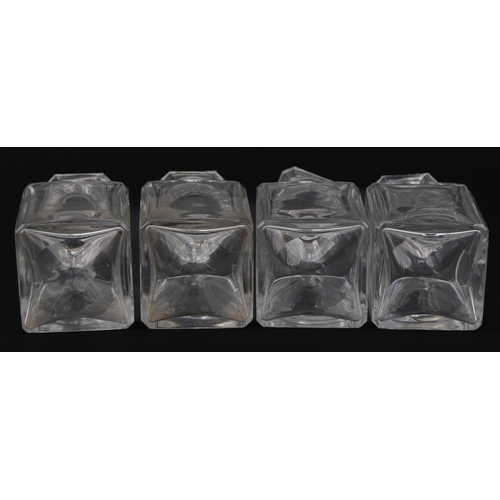 593 - Set of four antique square glass decanters with stoppers, 20cm high