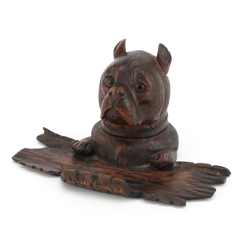 264 - German Black Forest carved wood inkwell with glass liner and pen rest in the form of a dog's head, 1... 