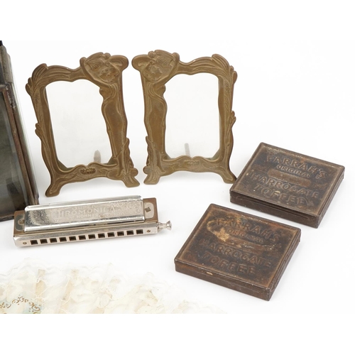 569 - Sundry items including a railway lantern, pair of Art Nouveau style brass strut photo frames and Hoh... 