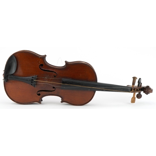 417 - Old wooden violin with two piece back, the violin back 14 inches in length