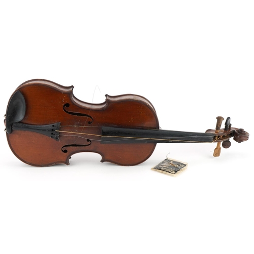 417 - Old wooden violin with two piece back, the violin back 14 inches in length