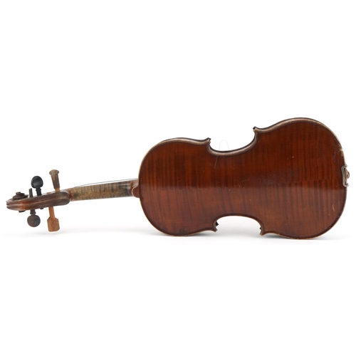 417 - Old wooden violin with two piece back, the violin back 14 inches in length