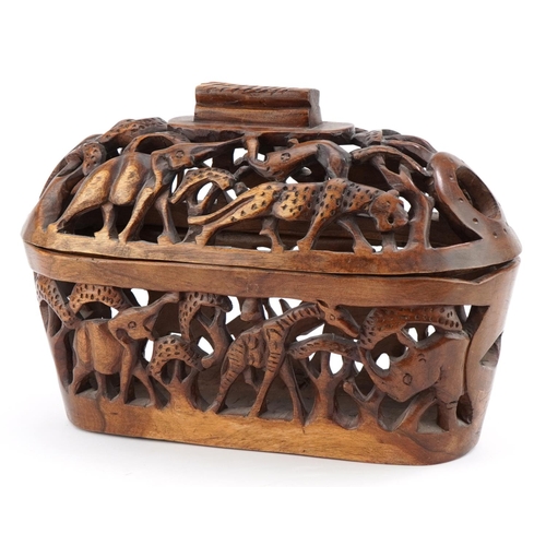 594 - African pierced basket and cover carved with animals