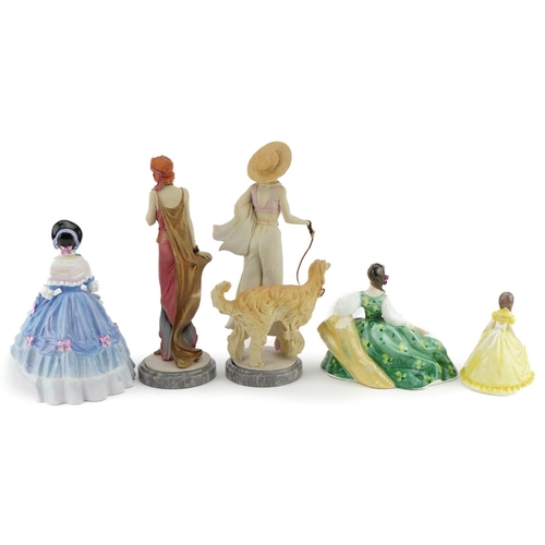 460 - Five Royal Doulton figurines including two Classique examples raised on circular bases