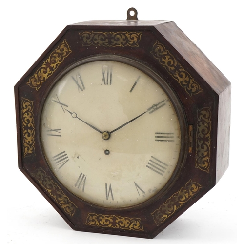 330A - Victorian mahogany fusee wall clock with foliate brass inlay and circular dial having Roman numerals... 