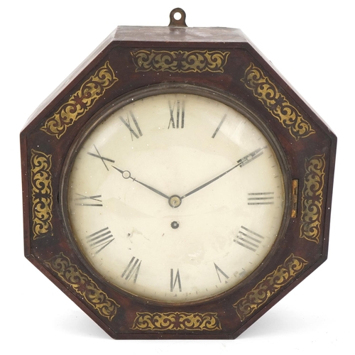 330A - Victorian mahogany fusee wall clock with foliate brass inlay and circular dial having Roman numerals... 