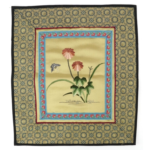 1372A - Butterflies and flowers, three Chinese embroidered silk textiles, unframed, 29.5cm x 25.5cm