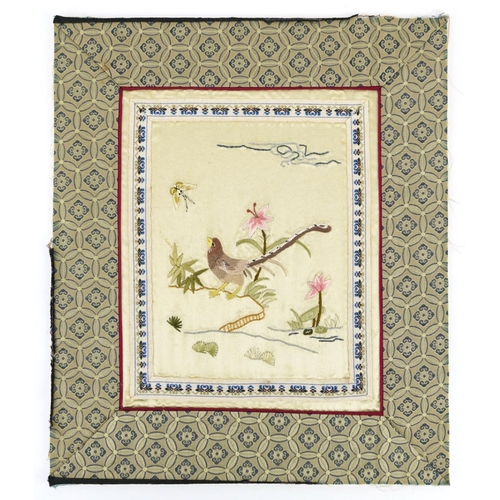 1372A - Butterflies and flowers, three Chinese embroidered silk textiles, unframed, 29.5cm x 25.5cm