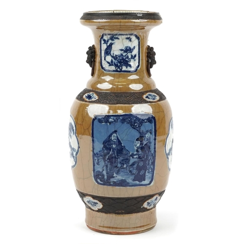 564 - Large Chinese crackle glaze porcelain vase with animalia ring turned handles, hand painted with pane... 