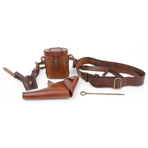 1533 - Military interest leather comprising Sam Browne, gun holster and binocular's case