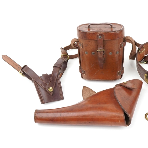 1533 - Military interest leather comprising Sam Browne, gun holster and binocular's case