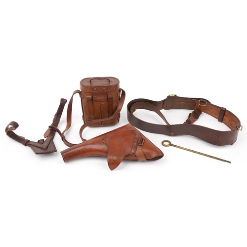 1533 - Military interest leather comprising Sam Browne, gun holster and binocular's case