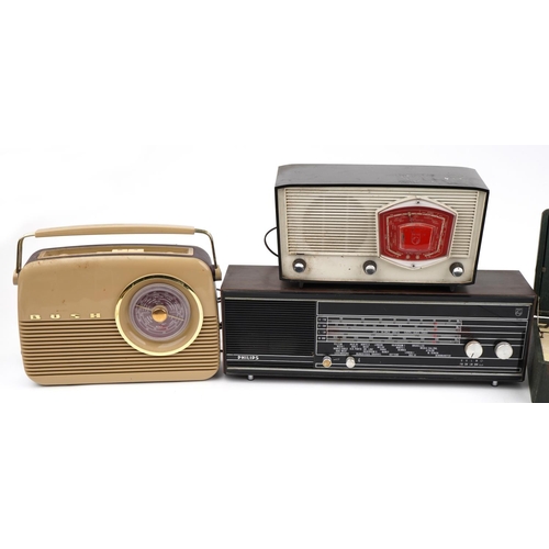 607 - Four vintage radios comprising Bush TR82/97, Vidor, Philips B3G85U and Philips 22RB382/15, the large... 