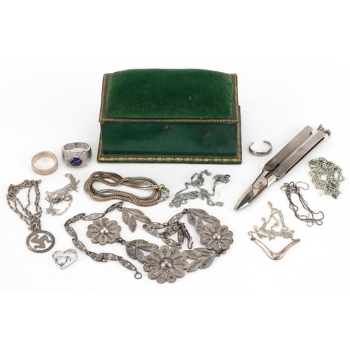 2387 - Silver jewellery including filigree necklaces, Isle of Man pendant and rings together with a pair of... 