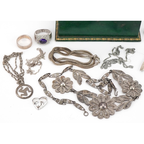 2387 - Silver jewellery including filigree necklaces, Isle of Man pendant and rings together with a pair of... 