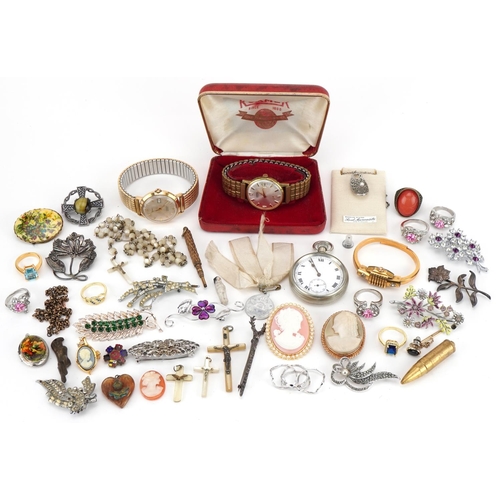 2388 - Vintage and later costume jewellery and wristwatches including brooches, rings and rosary beads