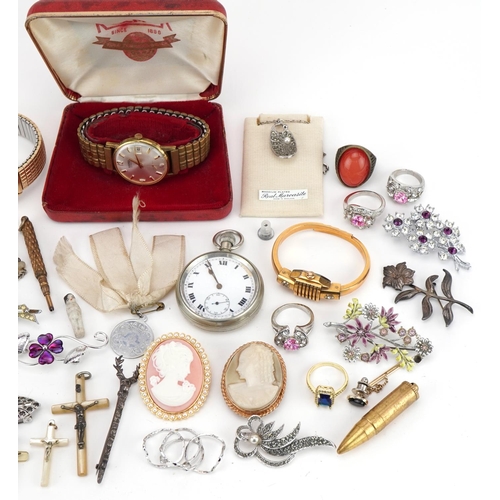 2388 - Vintage and later costume jewellery and wristwatches including brooches, rings and rosary beads