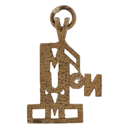 2239 - 9ct gold Number 1 Mum charm set with a clear stone, 2.4cm high, 1.8g