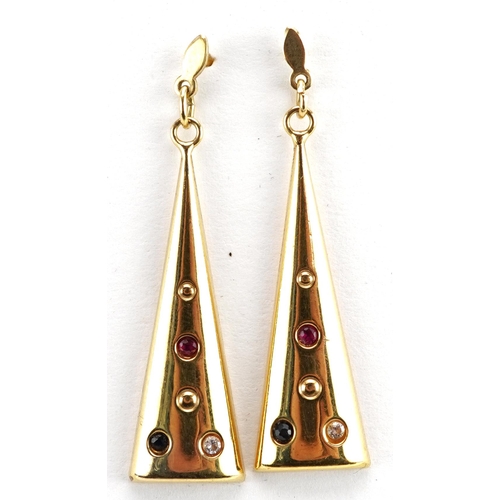 2156 - Pair of unmarked gold drop earrings, each set with a clear stone, blue stone and a ruby, 4.0cm high,... 