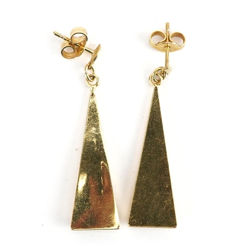 2156 - Pair of unmarked gold drop earrings, each set with a clear stone, blue stone and a ruby, 4.0cm high,... 