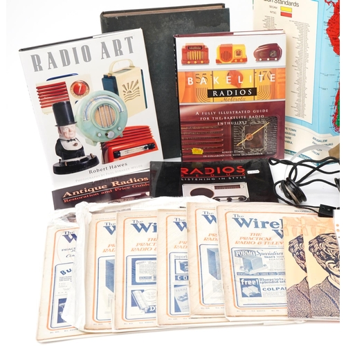 553 - Collection of vintage radio valves, headphones, books, magazines and a World Television Standards po... 