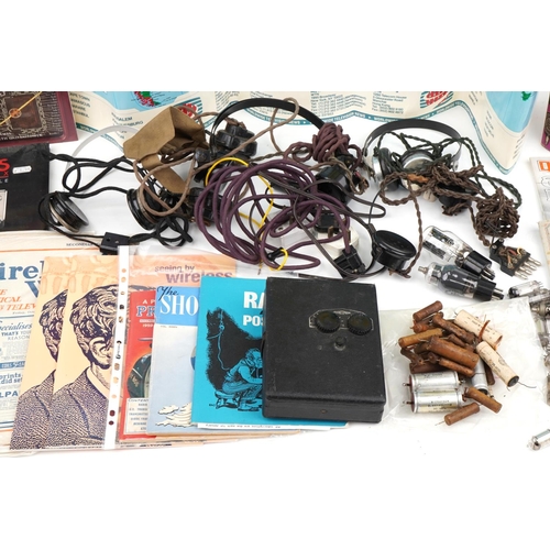 553 - Collection of vintage radio valves, headphones, books, magazines and a World Television Standards po... 