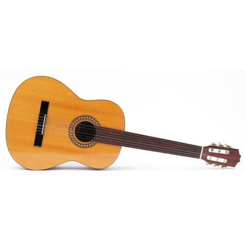 420 - Musikpark Manheim acoustic fretless guitar with protective carry case, 98cm in length