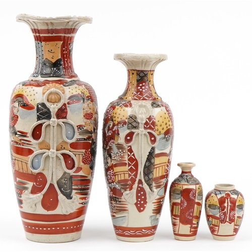 666 - Four Japanese Satsuma pottery vases hand painted with warriors, the largest 46cm high