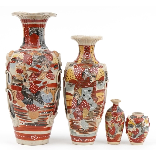 666 - Four Japanese Satsuma pottery vases hand painted with warriors, the largest 46cm high